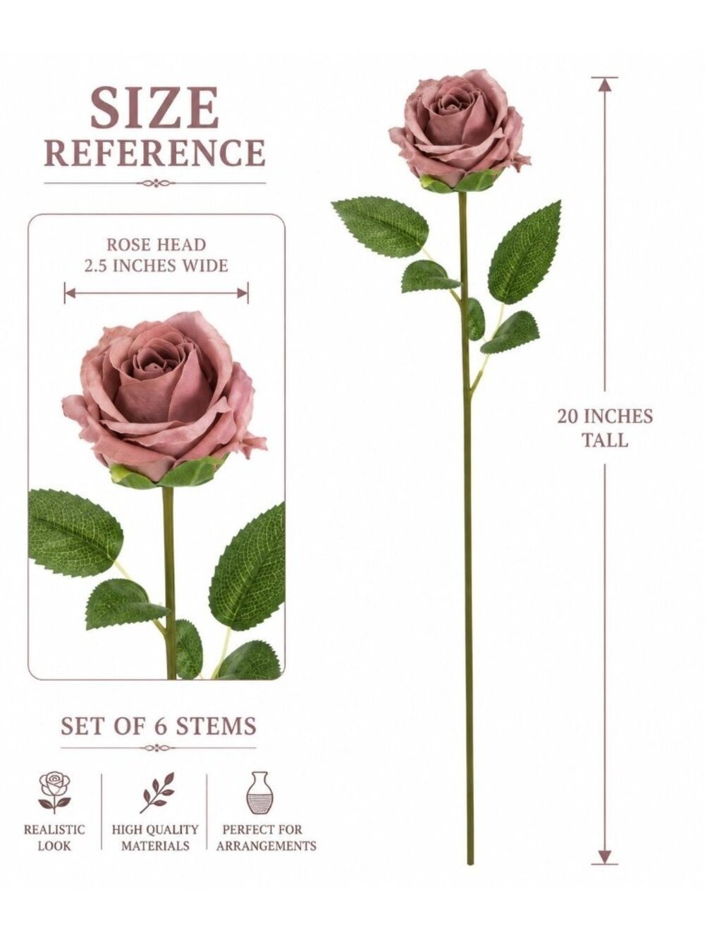 Mauve Rose Stem Set of 6 Dusty Rose Artificial Long Stem Roses Vintage - Picture 3 of 7